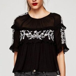NWT Zara Black Blouse with White Floral Embroidery